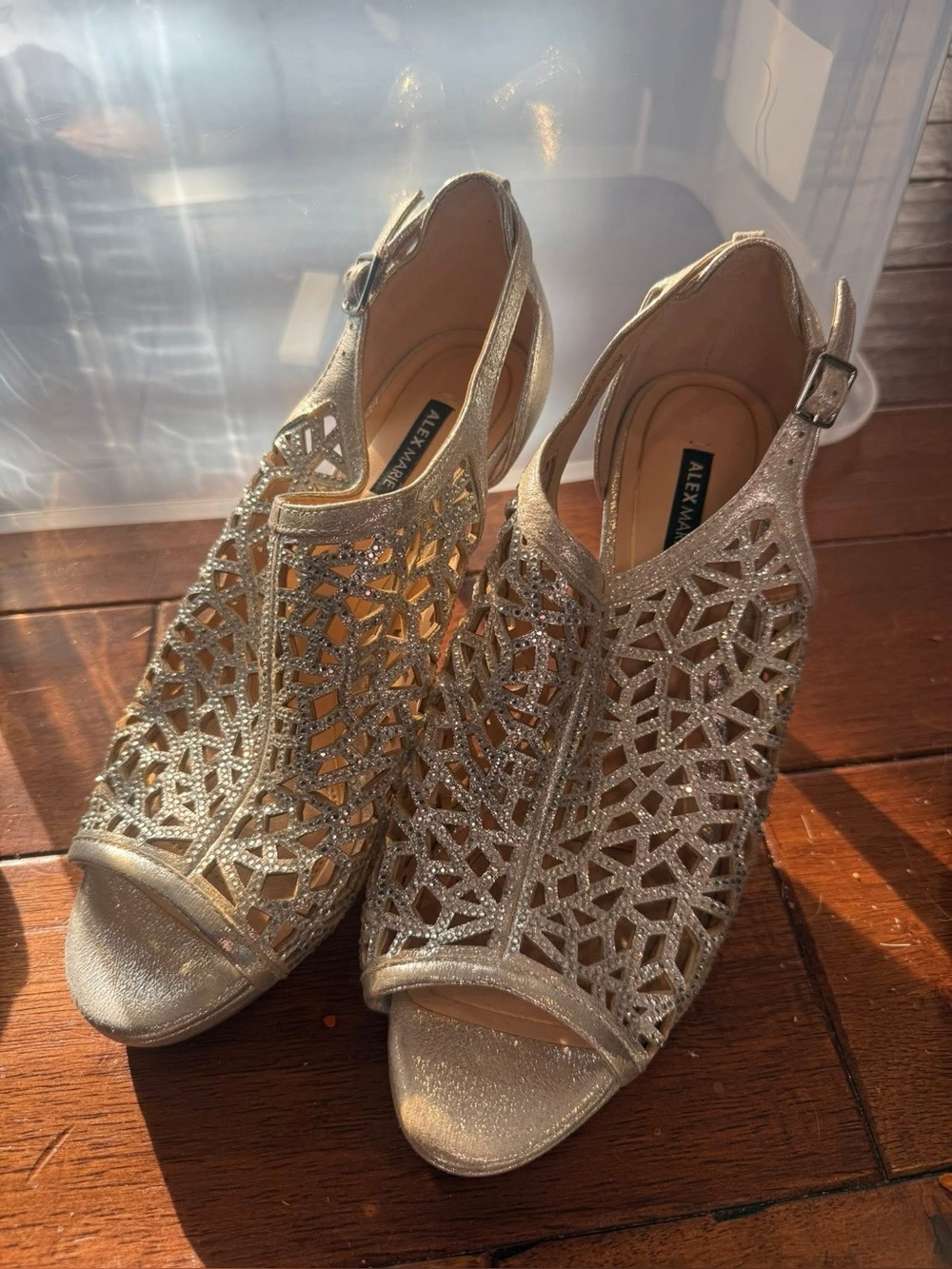 Alex Marie Gold Laser-Cut Glitter Slingback Heels